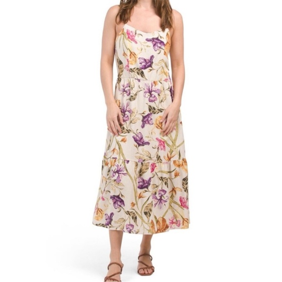 Joie LINEN Floral Print‎ MIDI Dress Smocked Sundress Casual Summer XL BREATHABLE - Picture 1 of 13
